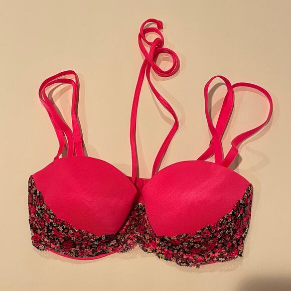Victoria's Secret PINK Bra Womens 32C Multiway Push Up Pink Floral Lace Halter - Picture 1 of 6
